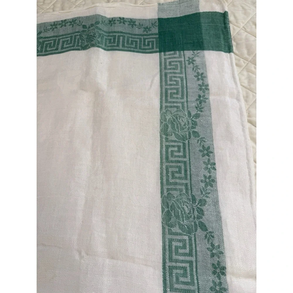 Vintage Linen Damask Tablecloth 32x32 Green Greek Key Floral Border
